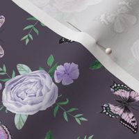 Purple Butterflies and watercolor florals fabric - grey