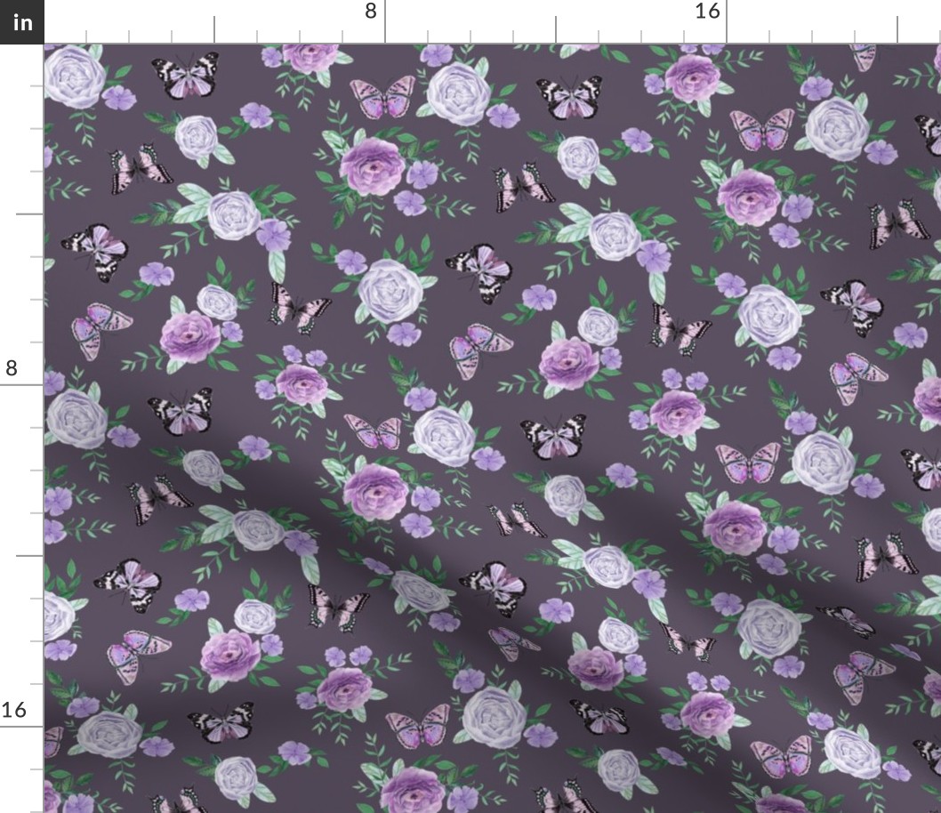 Purple Butterflies and watercolor florals fabric - grey