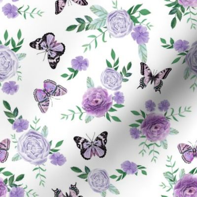 Purple Butterflies and watercolor florals fabric - white
