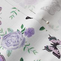 Purple Butterflies and watercolor florals fabric - white