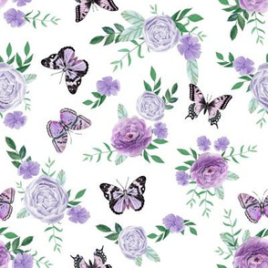 Purple Butterflies and watercolor florals fabric - white