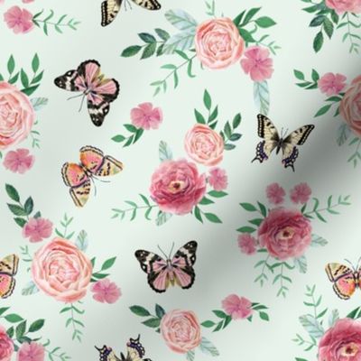 Pink Butterflies and watercolor florals fabric - mint