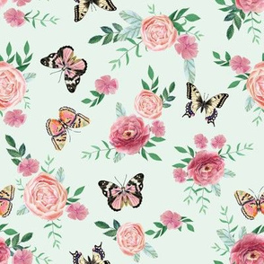 Pink Butterflies and watercolor florals fabric - mint