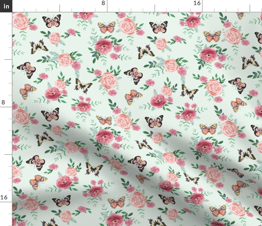 Pink Butterflies and watercolor florals fabric - mint