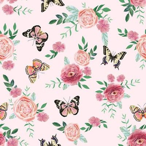Pink Butterflies and watercolor florals fabric - pastel