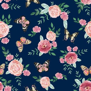 Pink Butterflies and watercolor florals fabric - navy