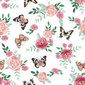 Pink Butterflies and watercolor florals fabric - white