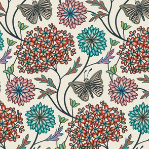 Modern Chintz Floral Botanical with Butterflies Red Teal Pink Turquoise Black Gray - SMALL Scale - UnBlink Studio Jackie Tahara