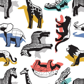 Normal scale // Safari geo animal // non directional design white background multicoloured safari animals shadows