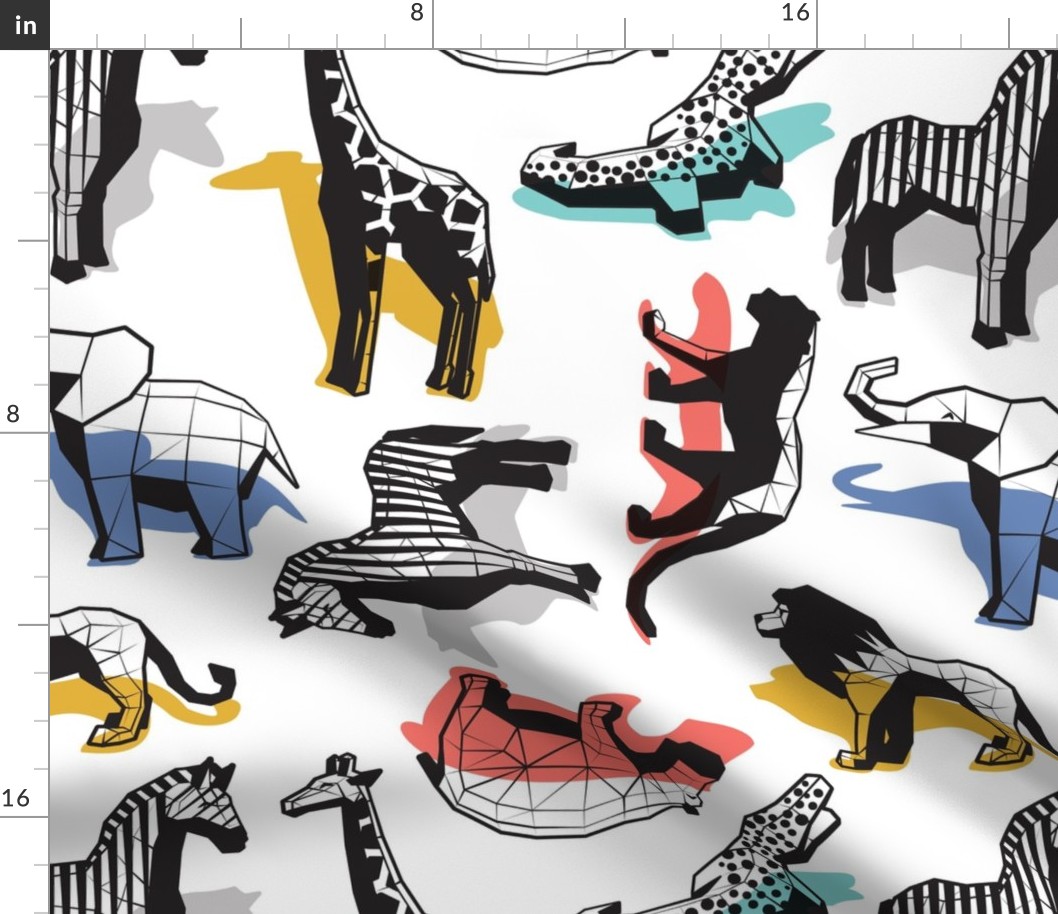 Normal scale // Safari geo animal // non directional design white background multicoloured safari animals shadows