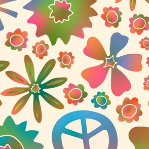 Summer Folk Fest Ditsy Watercolour Boho Floral Botanical with Peace Signs in Pink Green Blue Purple-LARGE SCALE