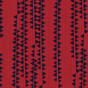 TRIANGLES SIDEWAYS - DARK BLUE BLACK ON RED WITH BAMBOO TEXTURE