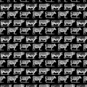 Classic Cow Illustrations Black & White Pattern with Black Background (Small Scale)