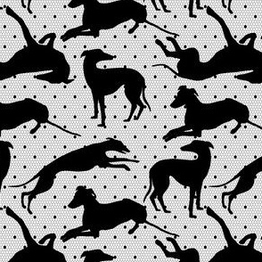 Greyhounds on Lace Netting Background