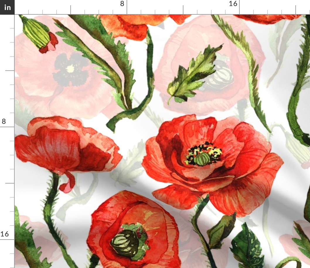 21" Poppies - Hand drawn watercolor poppies on white - double layer