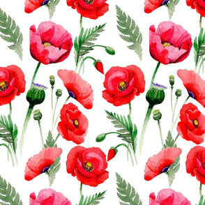 10" Pink And Red Poppies - Hand drawn watercolor poppies on white - single layer