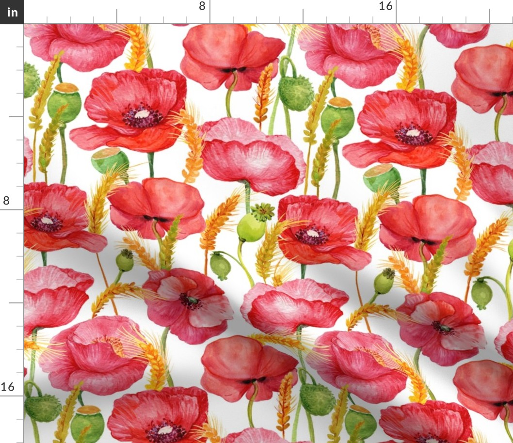 10" Pink And Red Poppies cornfield  - Hand drawn watercolor poppies on white - single layer