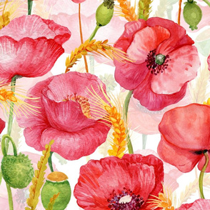 21" Pink And Red Poppies cornfield  - Hand drawn watercolor poppies on white - double  layer