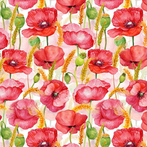 10" Pink And Red Poppies cornfield  - Hand drawn watercolor poppies on white - double  layer