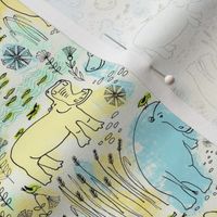 custom request - Hippo safari ink and pen / extra small scale / pastel green, blue and yellow