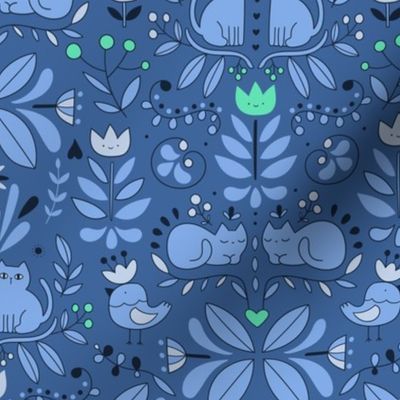 Swedish Folk Art Cats and summer flowers Blue color
