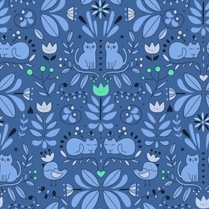 Swedish Folk Art Cats and summer flowers Blue color