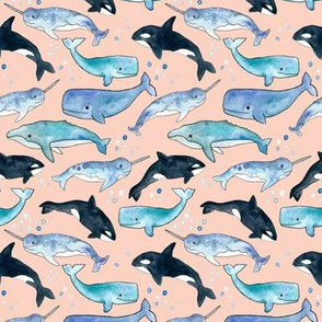 Whales, Orcas & Narwhals on Blush Pink
