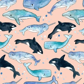Whales, Orcas & Narwhals on Blush Pink - Large