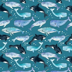 Whales, Orcas & Narwhals on Deep Teal