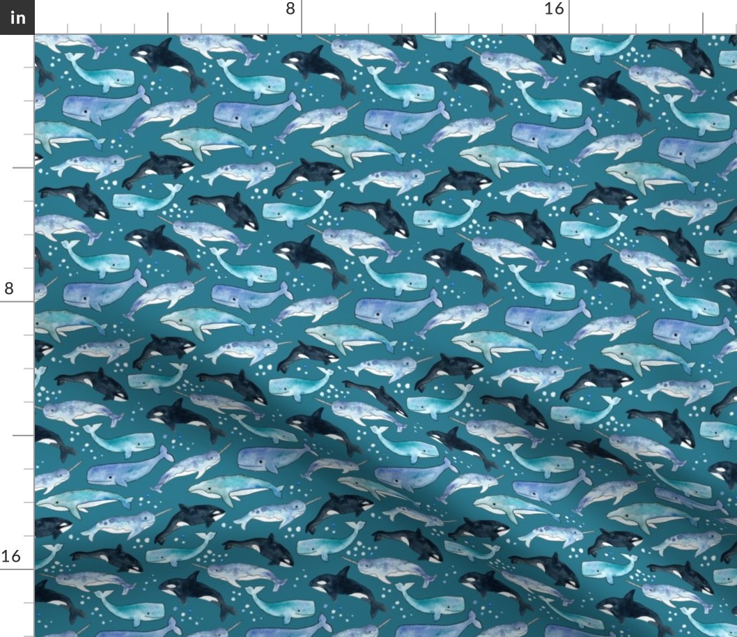 Whales, Orcas & Narwhals on Deep Teal