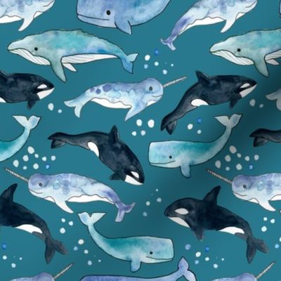 Whales, Orcas & Narwhals on Deep Teal - Large