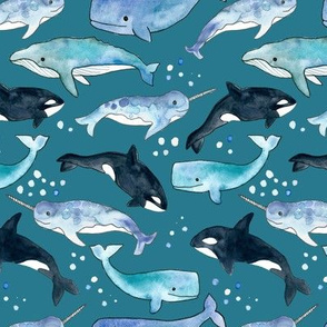 Whales, Orcas & Narwhals on Deep Teal - Large