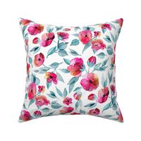 Fresh Spring Blooms in Watercolor - grey blue and magenta on white - large print