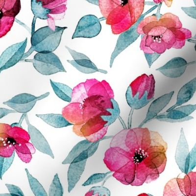 Fresh Spring Blooms in Watercolor - grey blue and magenta on white - large print