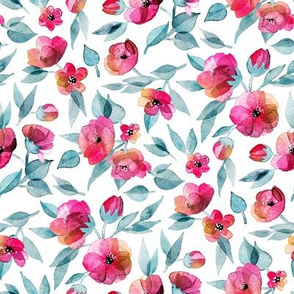Fresh Spring Blooms in Watercolor - grey blue and magenta on white - small print