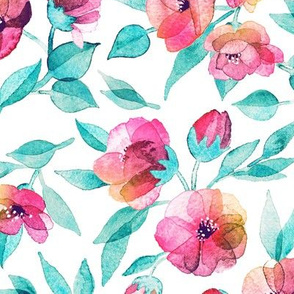 Fresh Spring Blooms in Watercolor - bright mint teal and pink on white - large print