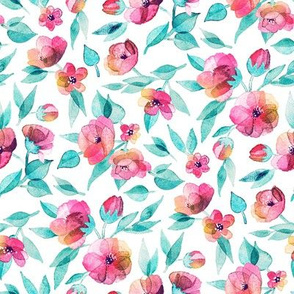 Fresh Spring Blooms in Watercolor - bright mint teal and pink on white - small print