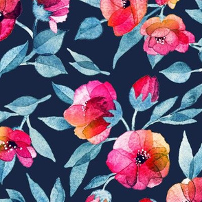 Fresh Spring Blooms in Watercolor - grey blue and magenta on navy - large print