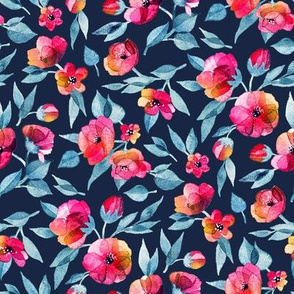 Fresh Spring Blooms in Watercolor - grey blue and magenta on navy - small print