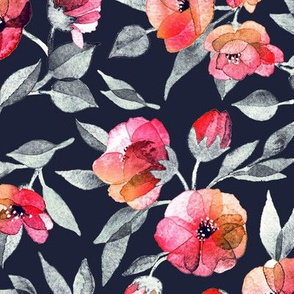 Fresh Spring Blooms in Watercolor - charcoal grey and coral - large print