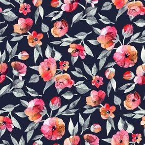 Fresh Spring Blooms in Watercolor - charcoal grey and coral - small print