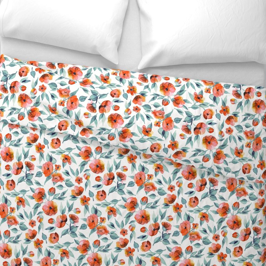 Fresh Spring Blooms in Watercolor - blue grey and apricot coral on white - large print