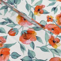 Fresh Spring Blooms in Watercolor - blue grey and apricot coral on white - large print