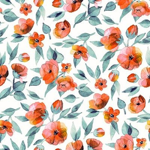 Fresh Spring Blooms in Watercolor - blue grey and apricot coral on white - small print