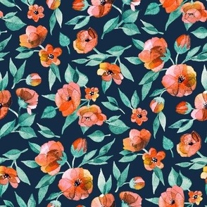 Fresh Spring Blooms in Watercolor - green and apricot coral on navy - small print