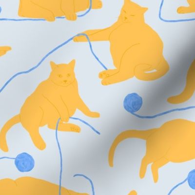 Fat Orange Cats and Yarn Blue Background