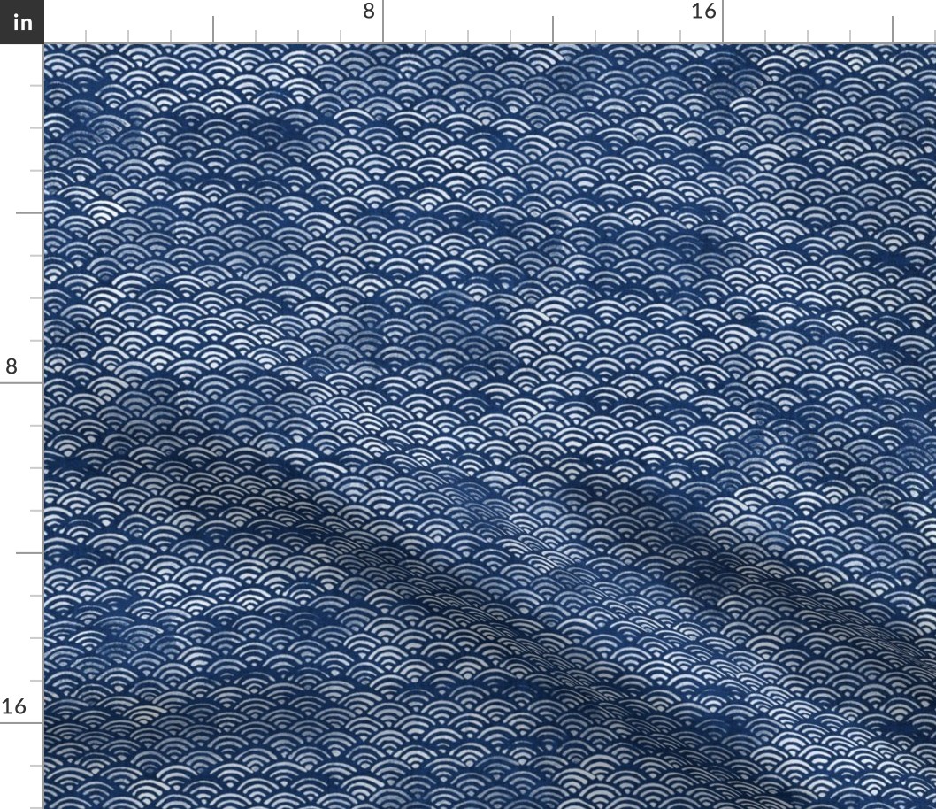 Japanese Block Print Pattern of Ocean Waves (large scale), Japanese Waves Pattern in Indigo Blue, Blue Boho Print, Beach Fabric