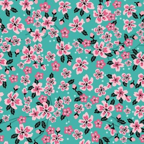 cherry blossom coordinate fabric - pink florals fabric - turquoise