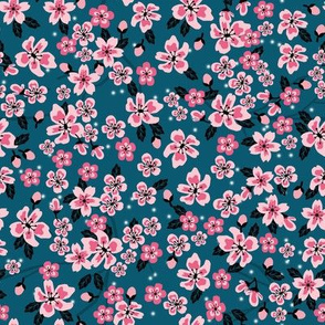 cherry blossom coordinate fabric - pink florals fabric - dark navy