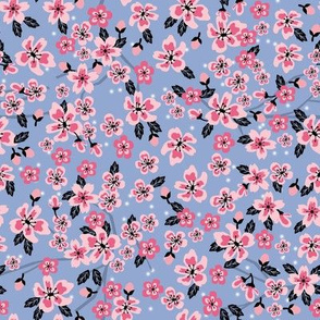 cherry blossom coordinate fabric - pink florals fabric - periwinkle